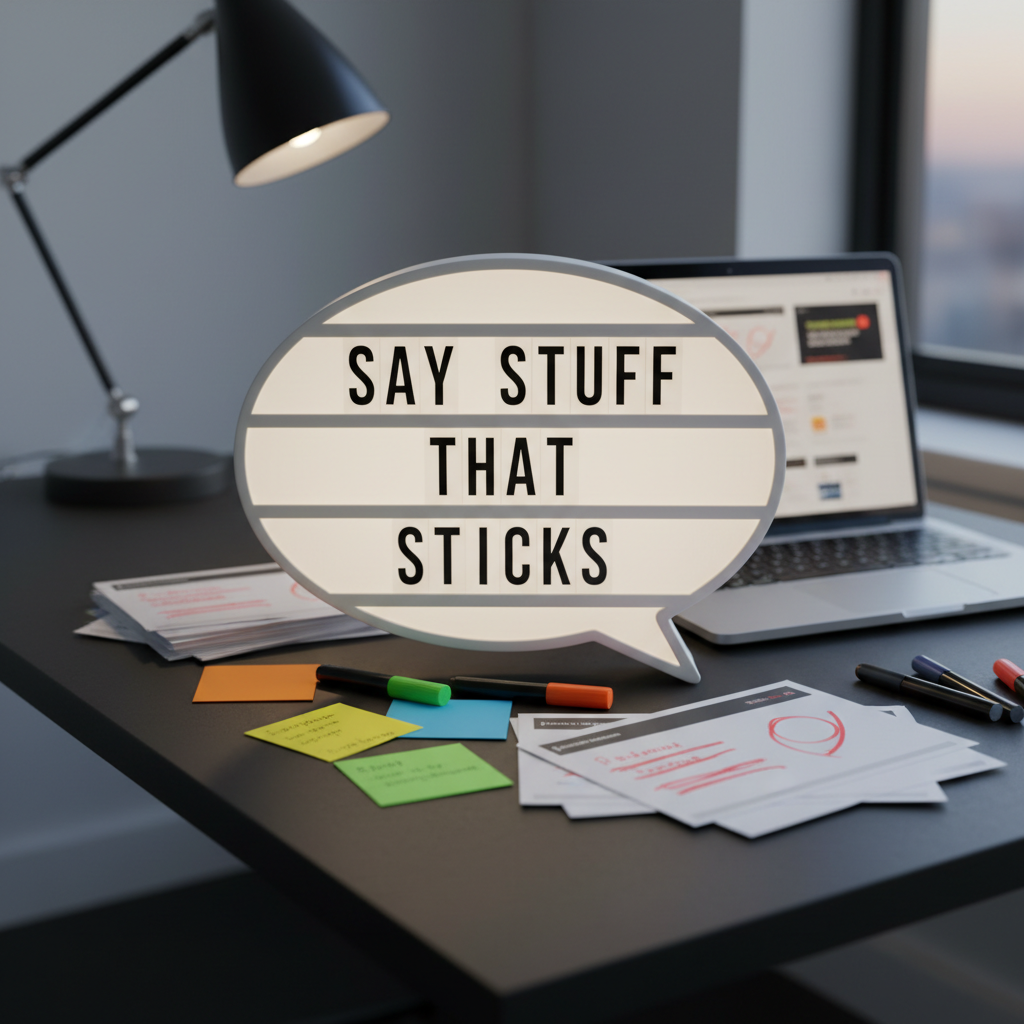 A large, glossy white speech bubble lightbox glowing softly on a matte black desk, filled with changeable letters spelling “Say Stuff That Sticks.” Around it lie colorful index cards, highlighters, and a small stack of neatly printed presentation slides, some annotated with bold red pen. A laptop sits slightly ajar in the background, its screen blurred but clearly showing a slide deck interface. Cool, diffused desk-lamp lighting mixes with faint evening window light, creating a balanced, modern office ambience. Shot from a three-quarter angle with the speech bubble in sharp focus and the background comfortably blurred, the photographic image feels clean, clever, and slightly mischievous, capturing the spirit of crafting memorable messages and class presentations.