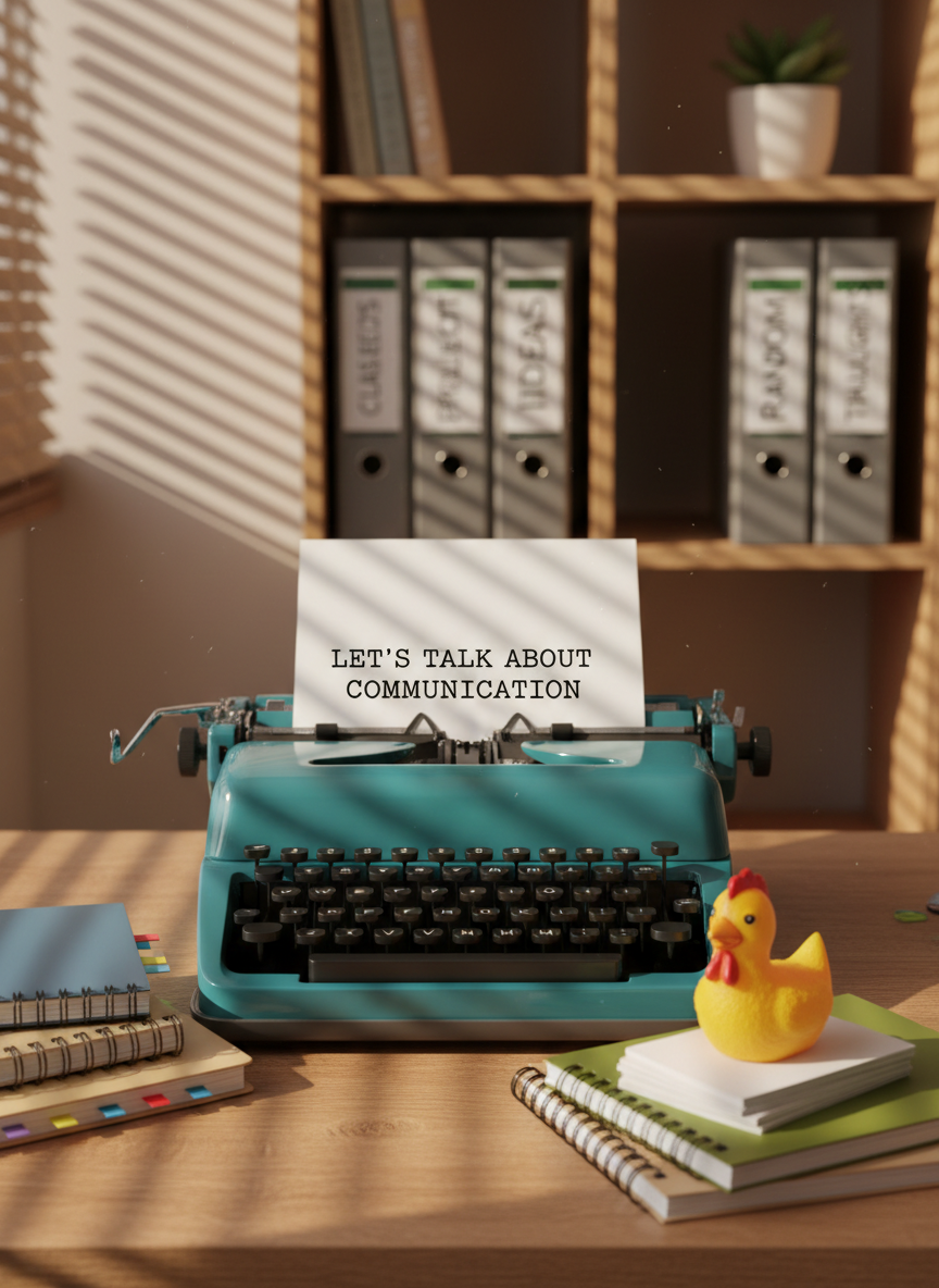 A gleaming vintage typewriter painted a bold teal, with a crisp white sheet of paper emerging that reads “Let’s talk about communication” in clean, typed letters. The typewriter rests on a warm wooden desk scattered with neatly stacked notebooks, colored tabs, and a single rubber chicken paperweight for a subtle joke. Behind it, a minimalist bookshelf filled with labeled binders for “Class Projects,” “Ideas,” and “Random Thoughts” is softly out of focus. Late afternoon light streams through slatted blinds, creating patterned shadows and a cozy golden glow. Photographic realism, captured at eye level with the typewriter centered in the frame, conveys a playful yet thoughtful atmosphere perfect for a witty communication blog.